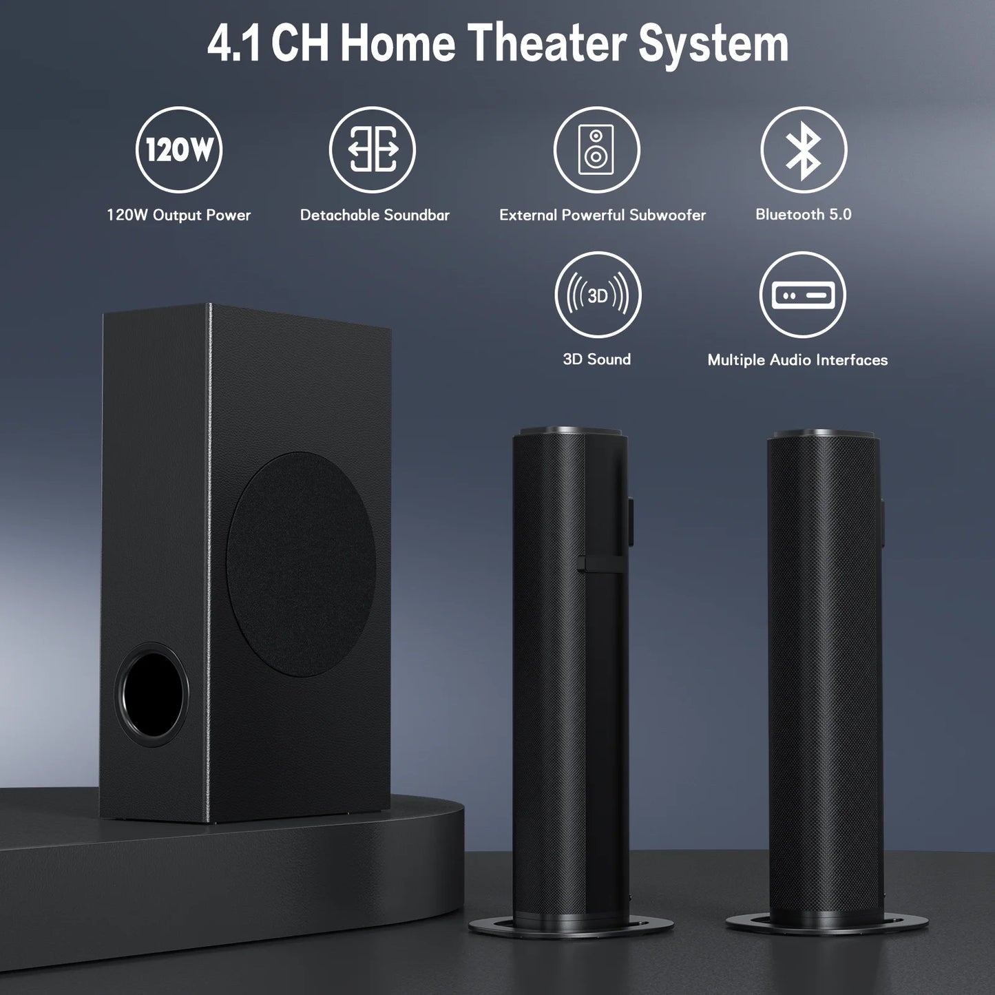 4.1Ch Sound Bar with Subwoofer, 120W Separable Sound Bar for TV with 4 Drivers, Usb/Aux/Coaxial/Optical/Hdmi/Bluetooth Connect, 2-In-1 Detachable Sound Bar for Speaker