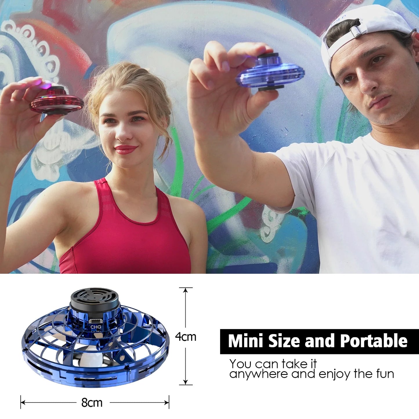 Flying Spinner Mini UFO Drone for Kids, Flying Fidget Spinner UFO Toy Drone, Flying Orb Ball Hand Operated with 360 ° Rotating and LED Lights for Adult and Kids (Blue)