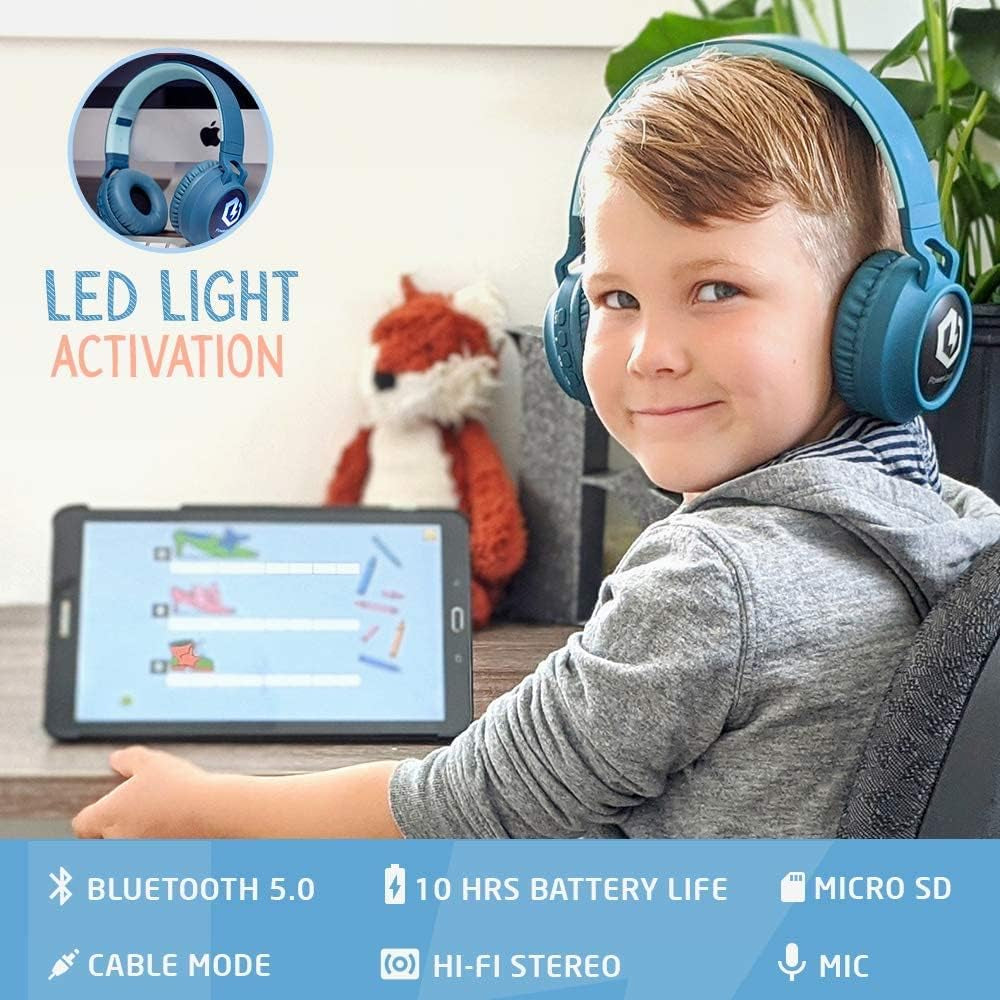 Kids Headphones Wireless, Bluetooth Headphones for Kids over Ear, LED Lights, 85Db Safe Volume Limit, Foldable, Micro SD Mode, Built-In and Line-In Microphone for Phones,Tablets,Laptop