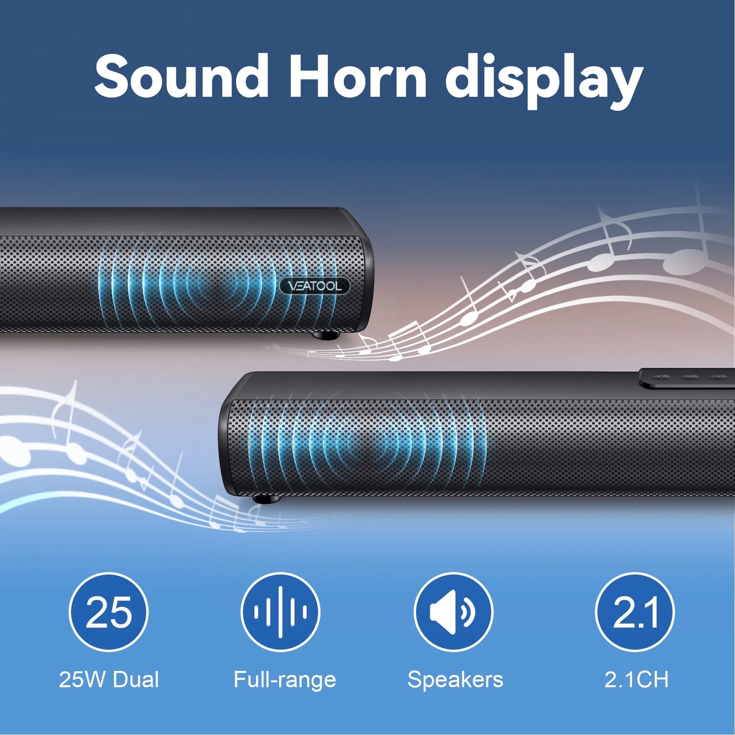 Barra de Som 2.1 Canais com Subwoofer Integrado 50W | Som Surround 3D para TV | HDMI ARC, Bluetooth, Óptico, USB, AUX