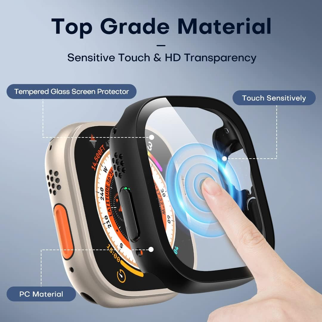 2 Pack Hard PC Case for Apple Watch Ultra 2 / Ultra 49Mm with Tempered Glass Screen Protector, Ultra-Thin All around Protective Touch Sensitive Glass Screen Cover for Iwatch 49Mm, Black