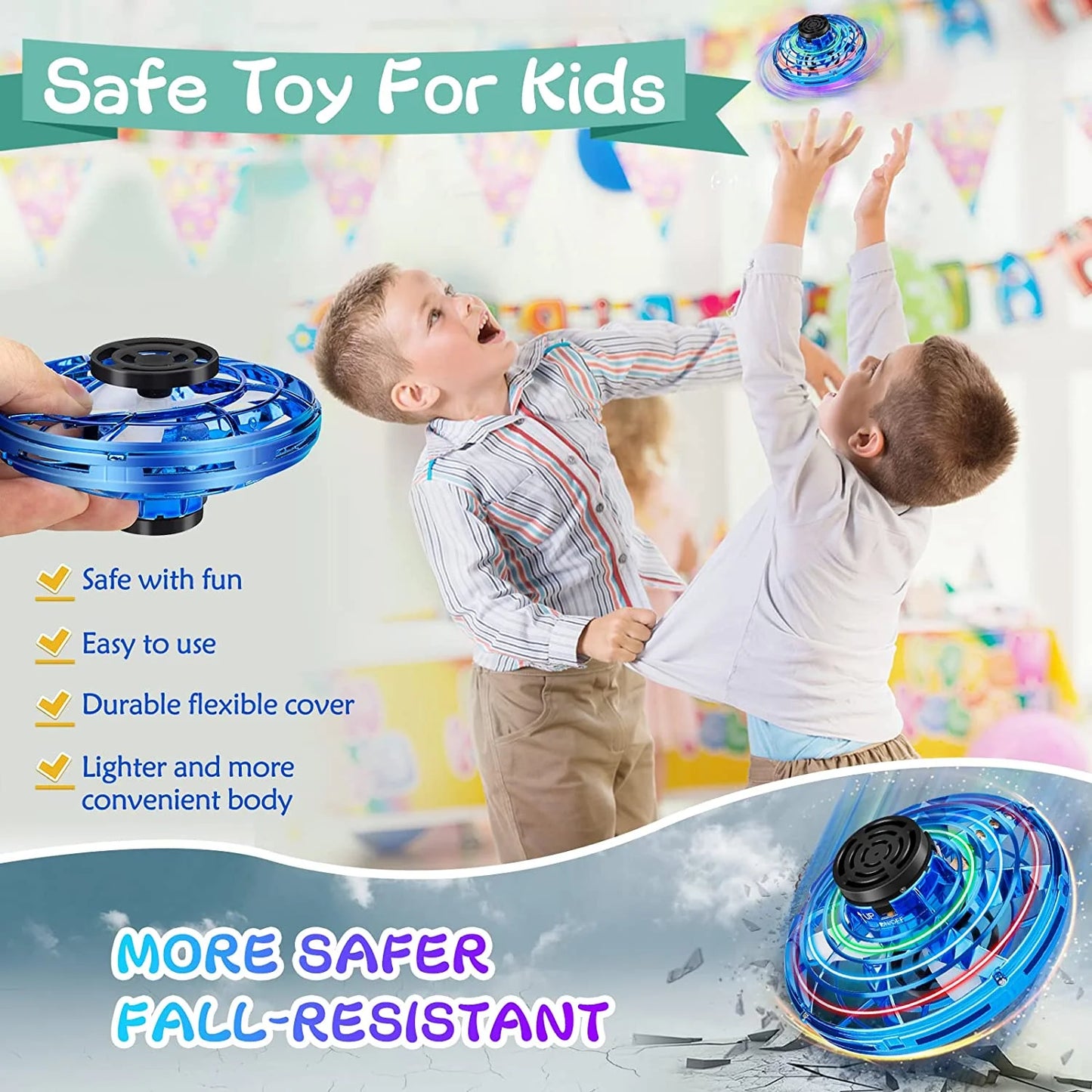 Flying Spinner Mini UFO Drone for Kids, Flying Fidget Spinner UFO Toy Drone, Flying Orb Ball Hand Operated with 360 ° Rotating and LED Lights for Adult and Kids (Blue)