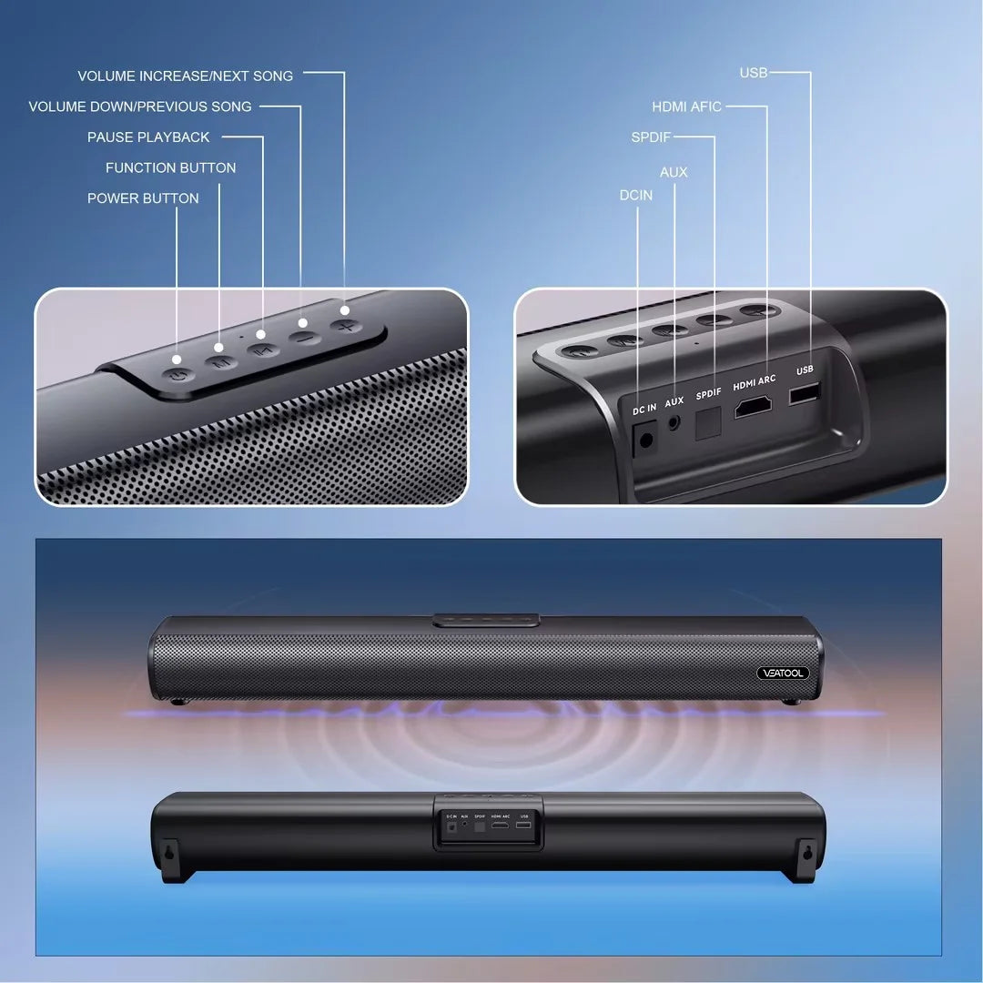Barra de Som 2.1 Canais com Subwoofer Integrado 50W | Som Surround 3D para TV | HDMI ARC, Bluetooth, Óptico, USB, AUX
