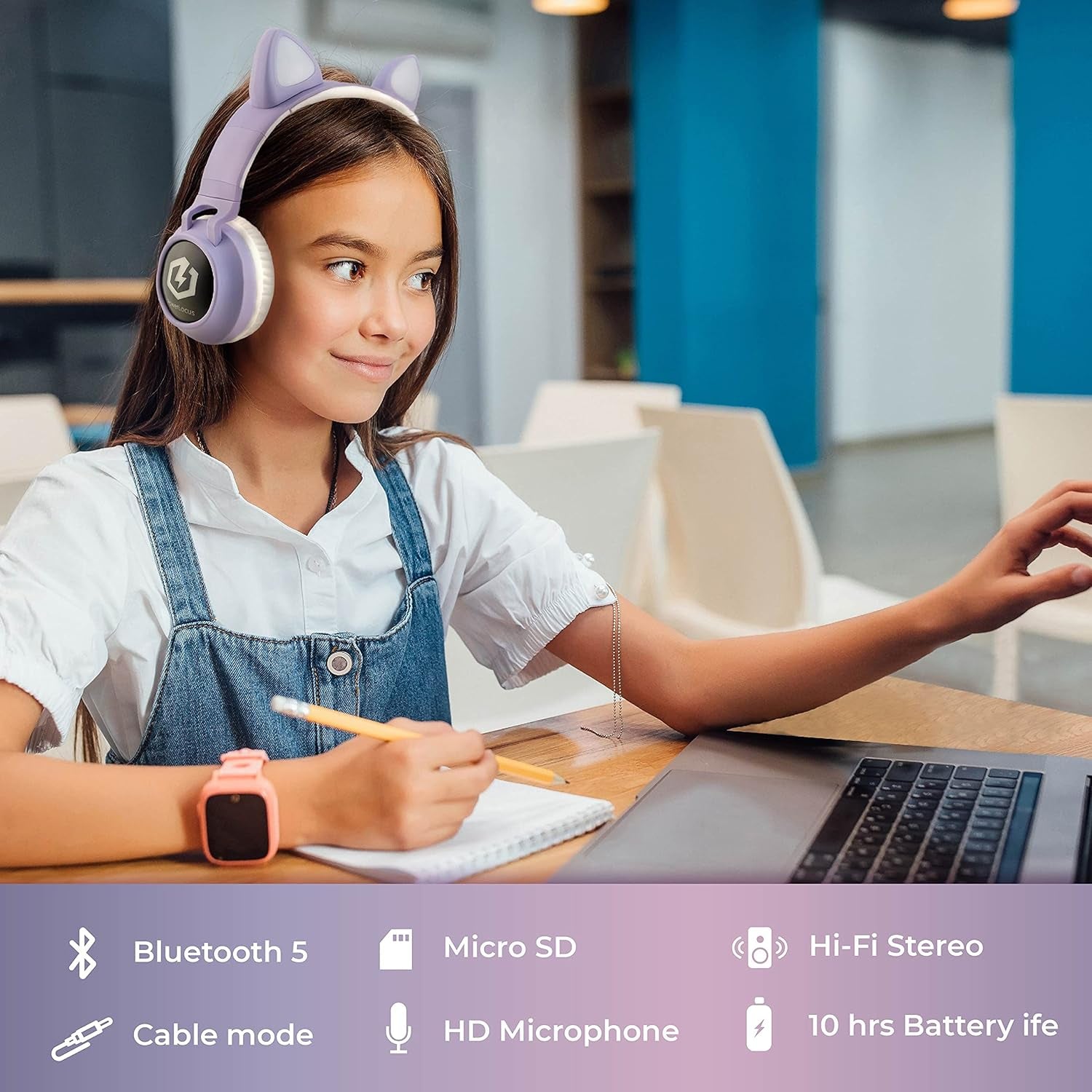 Kids Cat Ear Headphones, Bluetooth 5.3 Wireless, LED Lights, Safe Volume Limit, Micro SD/TF, for Ipad, Tablet, Travel (Purple)