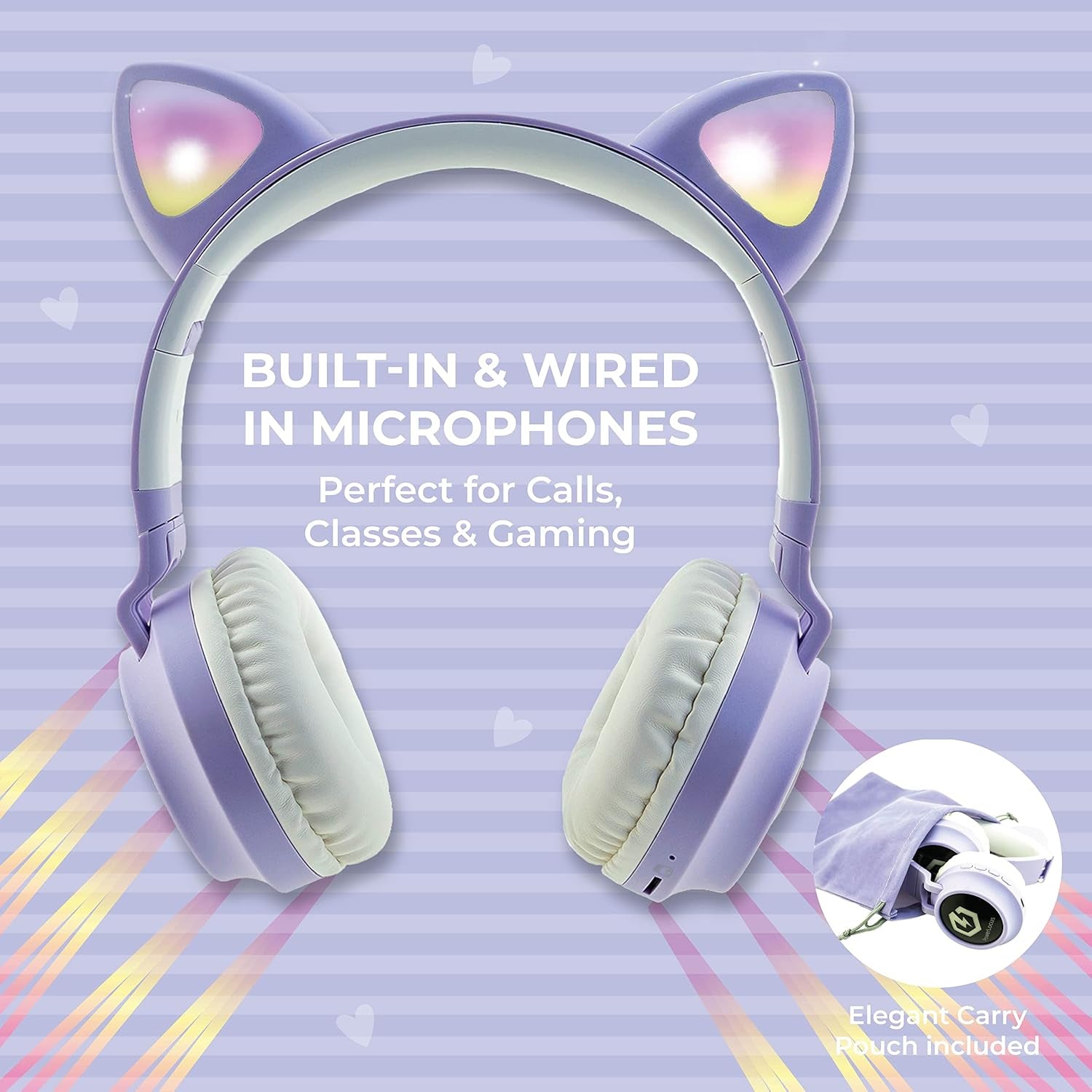 Kids Cat Ear Headphones, Bluetooth 5.3 Wireless, LED Lights, Safe Volume Limit, Micro SD/TF, for Ipad, Tablet, Travel (Purple)