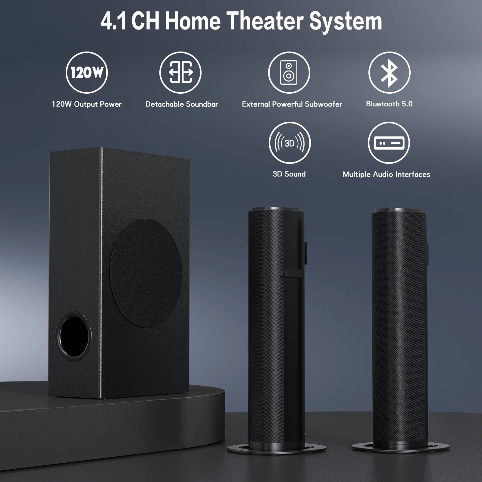 4.1Ch Sound Bar with Subwoofer, 120W Separable Sound Bar for TV with 4 Drivers, Usb/Aux/Coaxial/Optical/Hdmi/Bluetooth Connect, 2-In-1 Detachable Sound Bar for Speaker