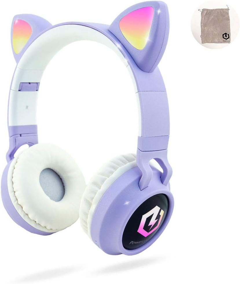 Kids Cat Ear Headphones, Bluetooth 5.3 Wireless, LED Lights, Safe Volume Limit, Micro SD/TF, for Ipad, Tablet, Travel (Purple)