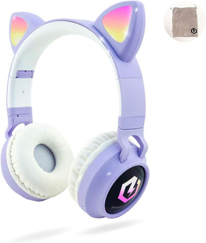 Kids Cat Ear Headphones, Bluetooth 5.3 Wireless, LED Lights, Safe Volume Limit, Micro SD/TF, for Ipad, Tablet, Travel (Purple)