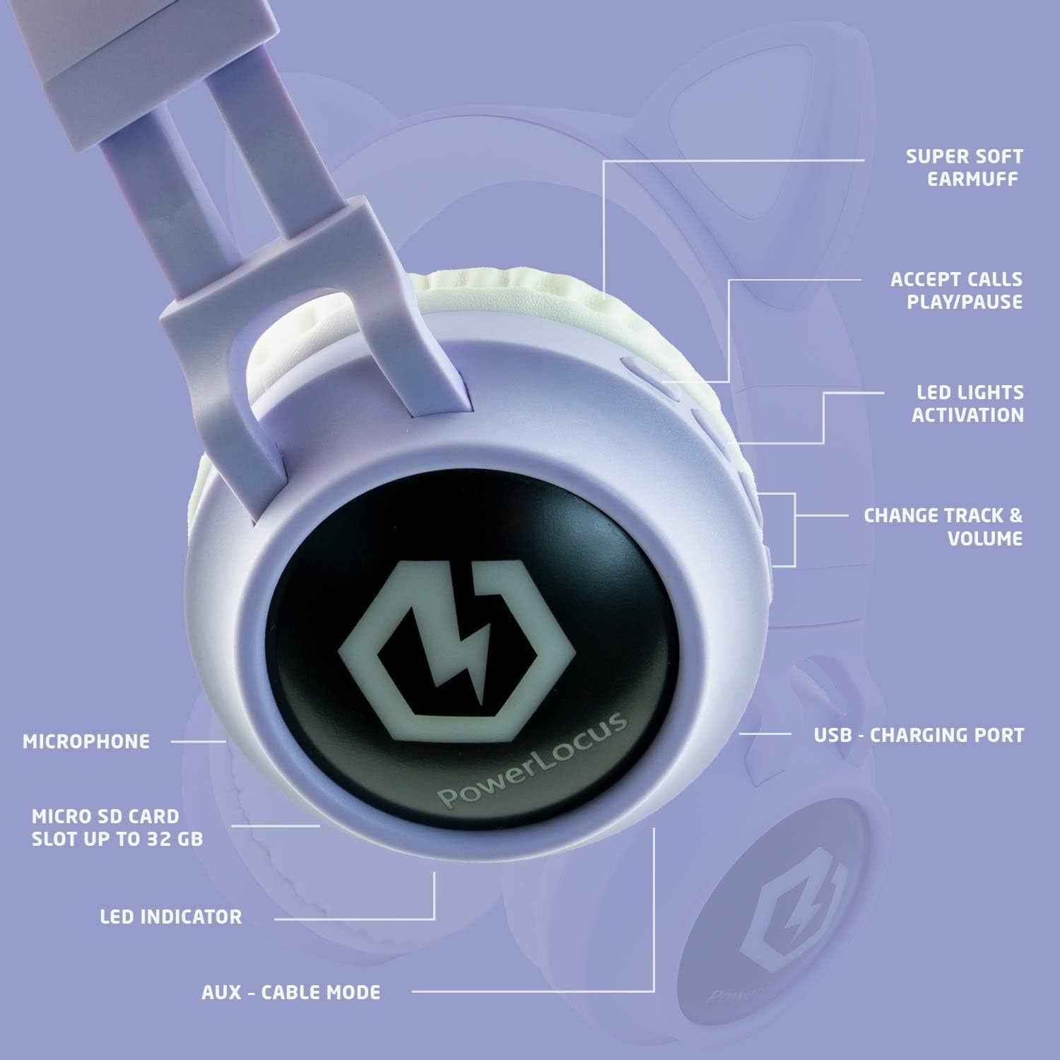 Kids Cat Ear Headphones, Bluetooth 5.3 Wireless, LED Lights, Safe Volume Limit, Micro SD/TF, for Ipad, Tablet, Travel (Purple)