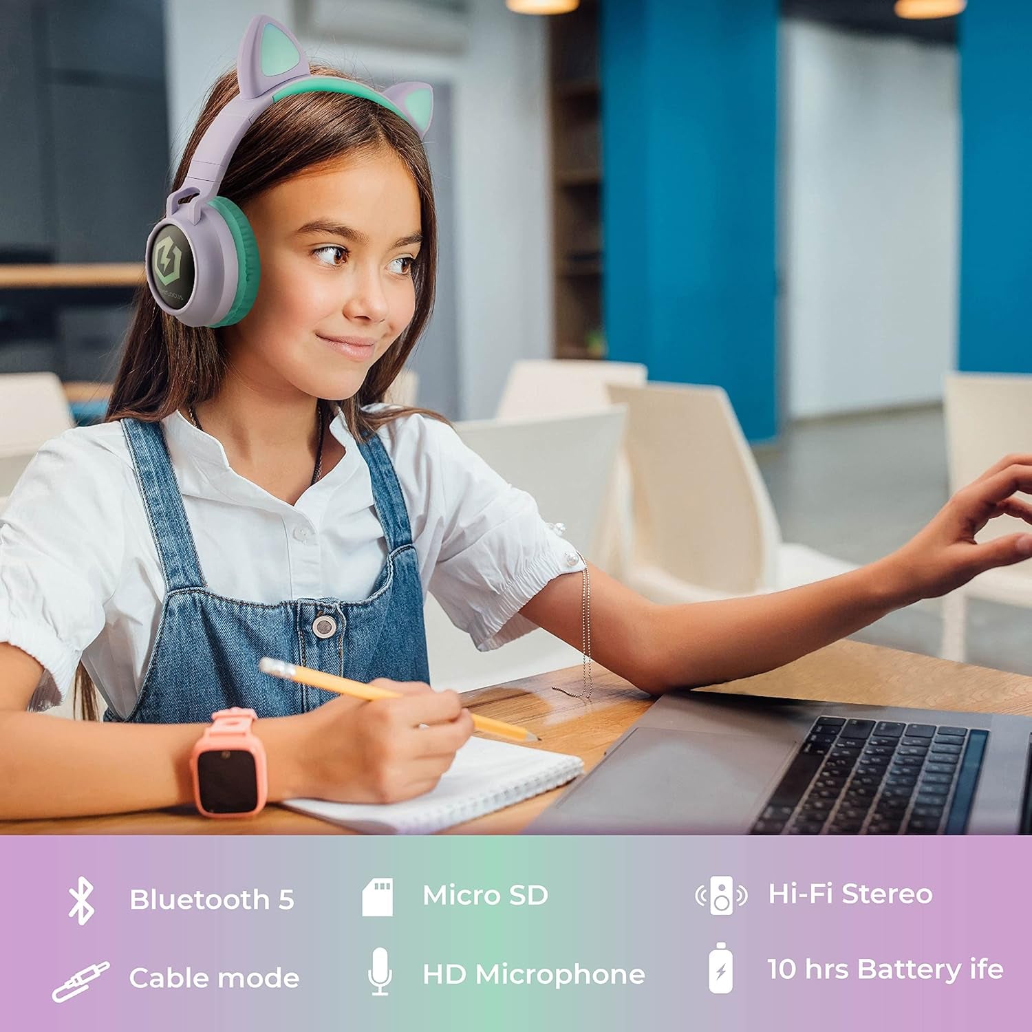 Kids Cat Ear Headphones, Bluetooth 5.3 Wireless, LED Lights, Safe Volume Limit, Micro SD/TF, for Ipad, Tablet, Travel (Purple/Teal)