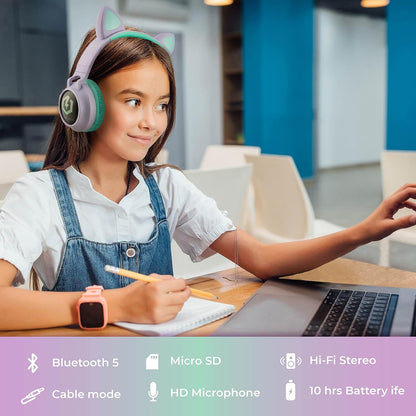 Kids Cat Ear Headphones, Bluetooth 5.3 Wireless, LED Lights, Safe Volume Limit, Micro SD/TF, for Ipad, Tablet, Travel (Purple/Teal)