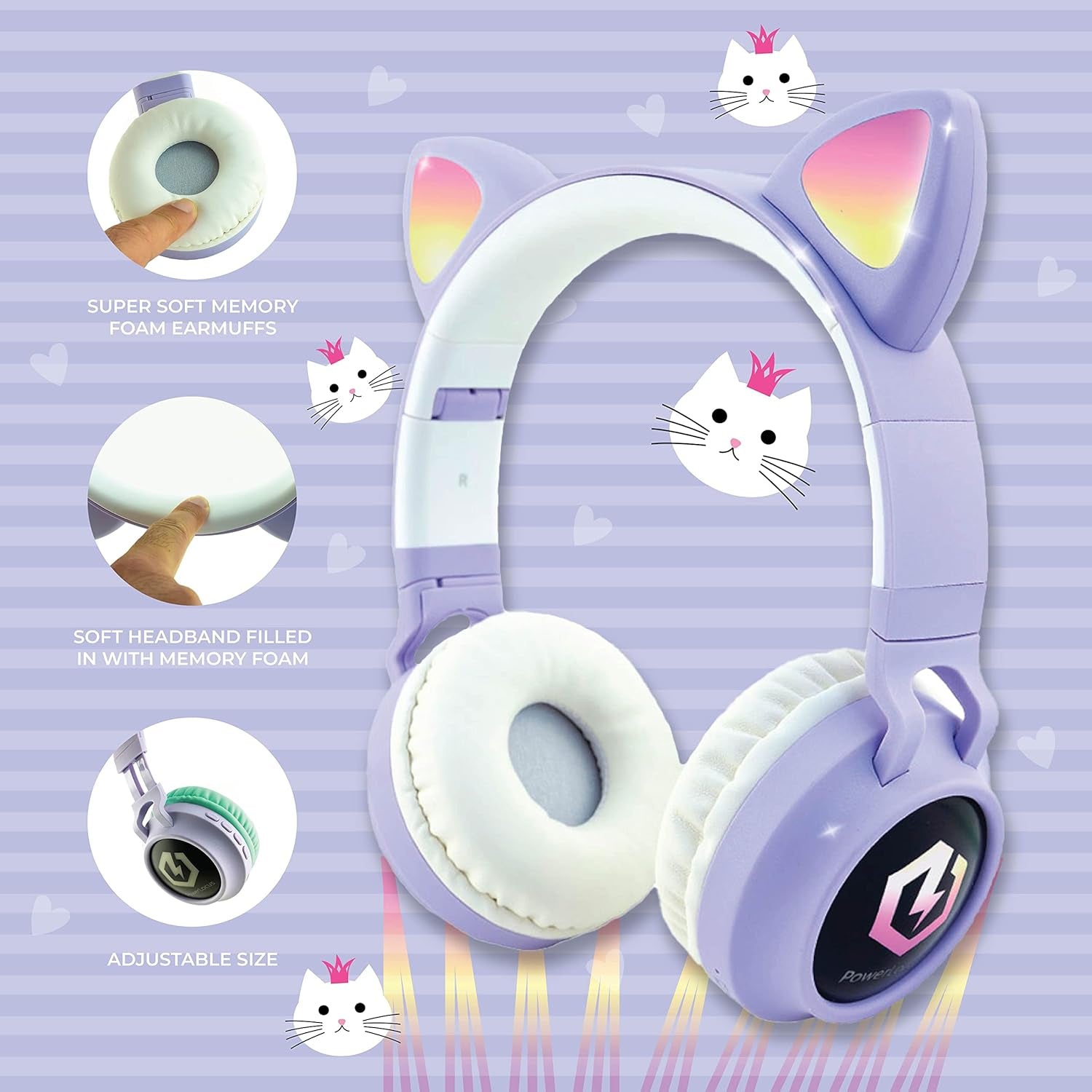 Kids Cat Ear Headphones, Bluetooth 5.3 Wireless, LED Lights, Safe Volume Limit, Micro SD/TF, for Ipad, Tablet, Travel (Purple)