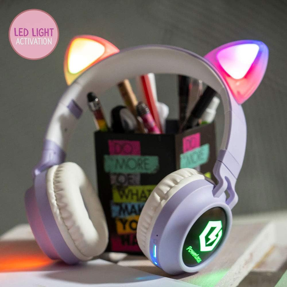 Kids Cat Ear Headphones, Bluetooth 5.3 Wireless, LED Lights, Safe Volume Limit, Micro SD/TF, for Ipad, Tablet, Travel (Purple)